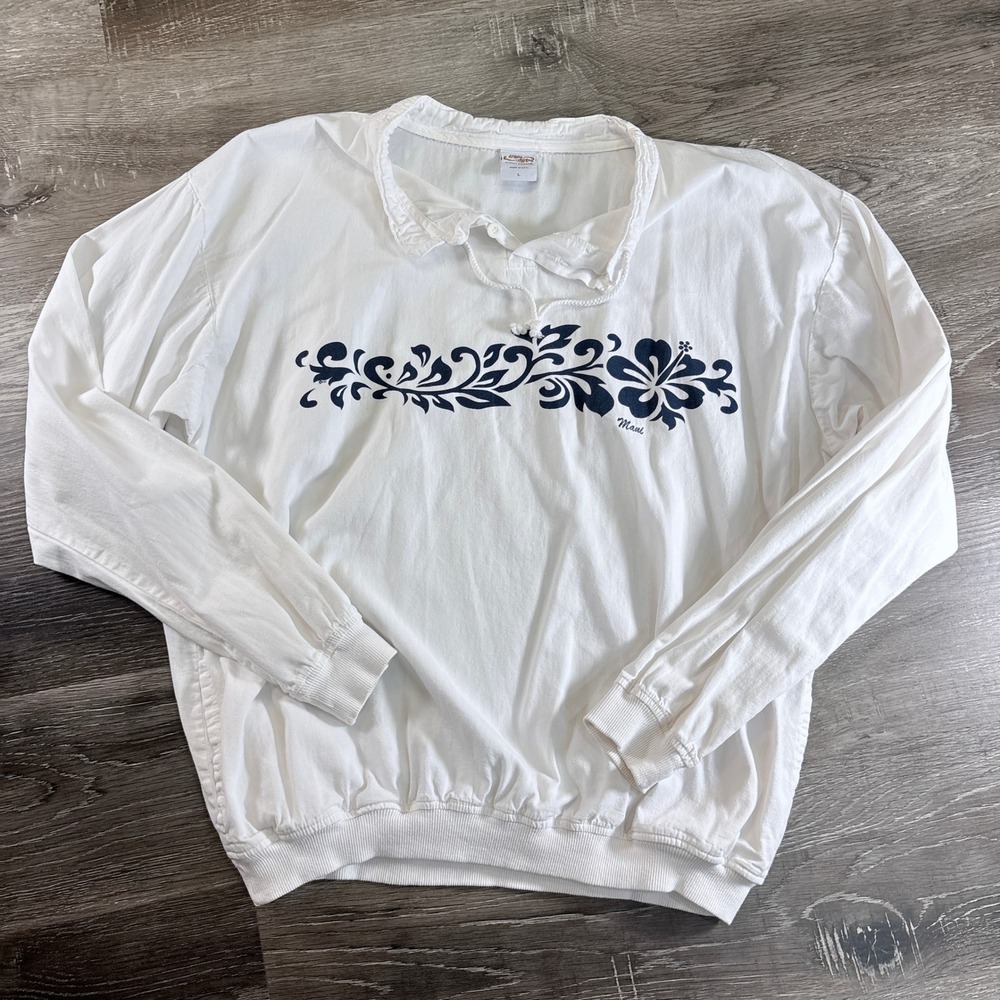 Crazy Shirts Maui Hawaii Graphic Long Sleeve Top White Navy Hibiscus Large READ